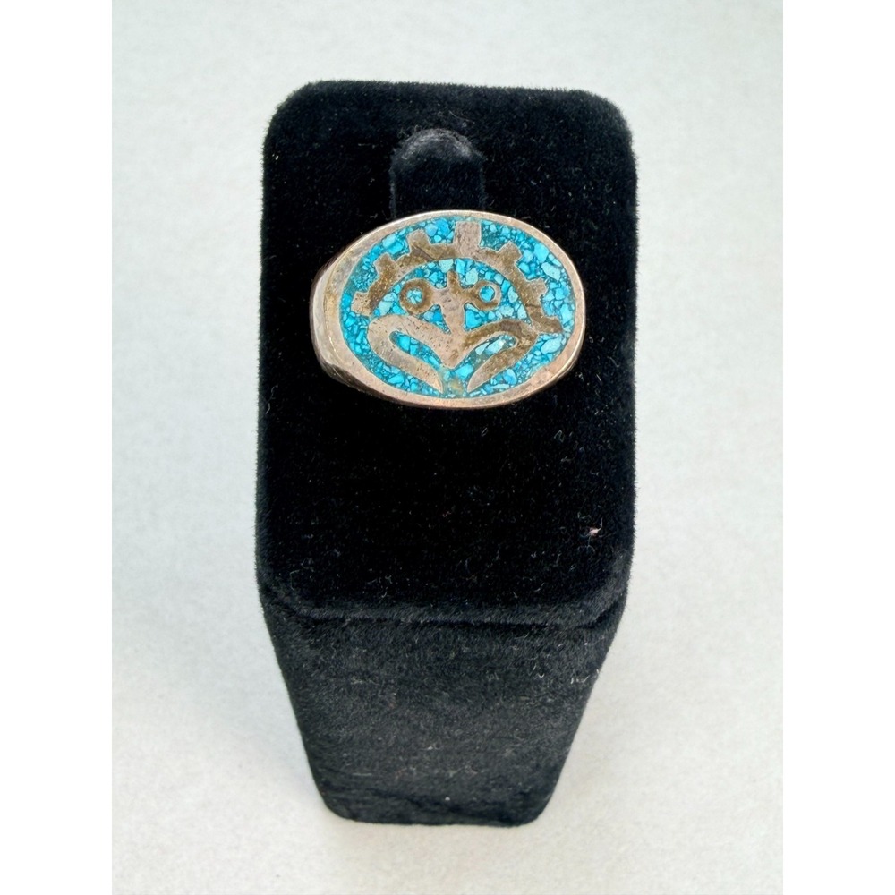Vintage Sterling Silver Turquoise Chip Inlay Frog Sun Statement Ring Size 9.5